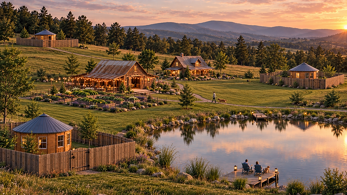 An expansive tended rural property at golden hour — lodge standing in mowed grass, a large barn with hanging string lights, a farm-to-table kitchen garden, trails winding through the acreage, yurts scattered far apart each in its own fully fenced private yard, a larger pond with a wooden dock and people gathered in Adirondack chairs, a person walking a dog along a trail