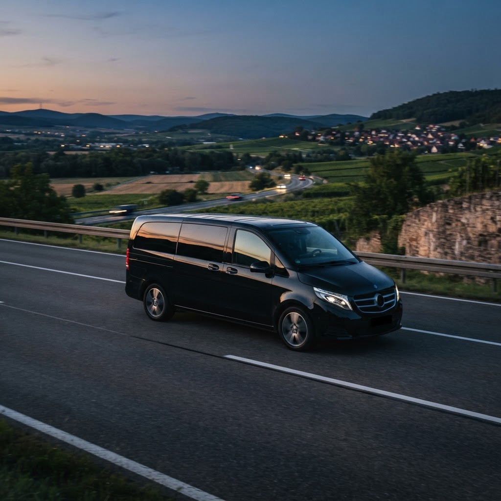 Van noir sur autoroute au crépuscule