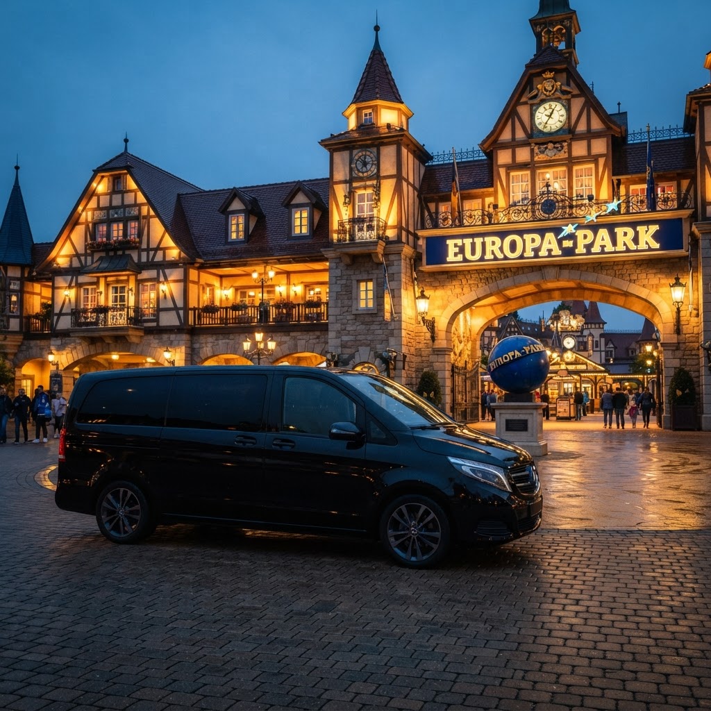 Van VTC noir devant l'entrée d'Europa-Park