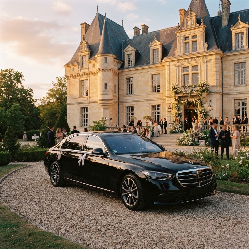 Berline noire devant un château, événement élégant