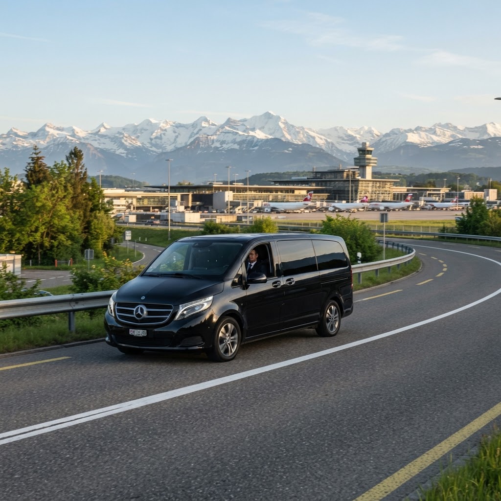 Navette VTC aéroport de Zurich ZRH, van noir premium, Alpes en arrière-plan