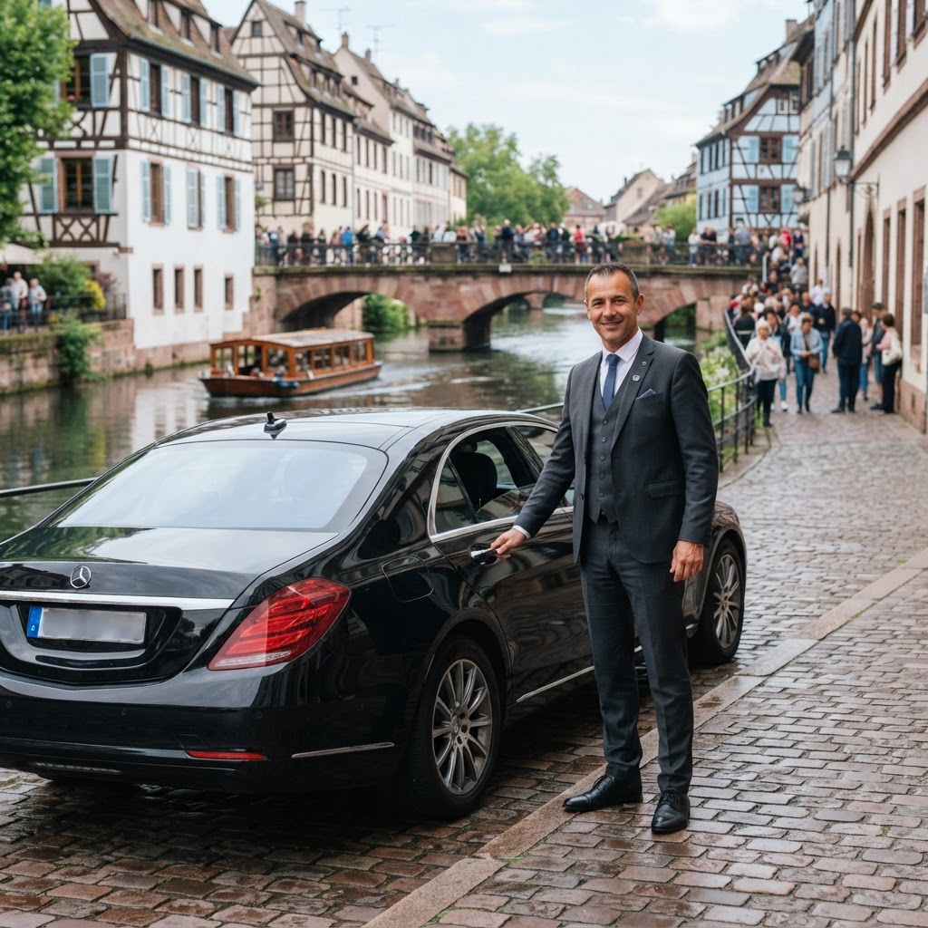 Chauffeur privé VTC Strasbourg avec berline noire dans la Petite France