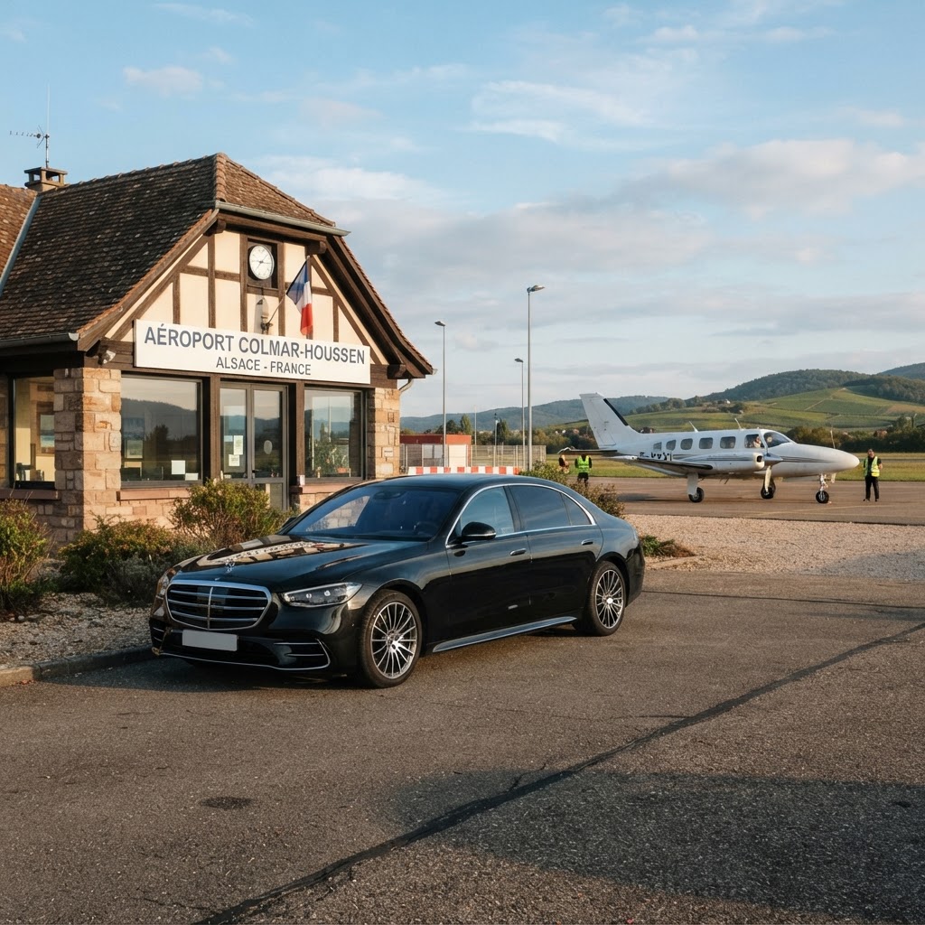 Berline noire devant l'aéroport de Strasbourg-Entzheim
