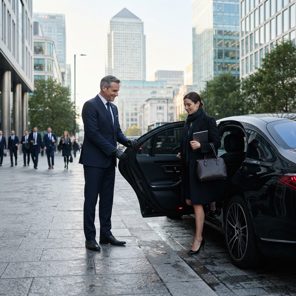 Chauffeur professionnel et berline noire en quartier d'affaires