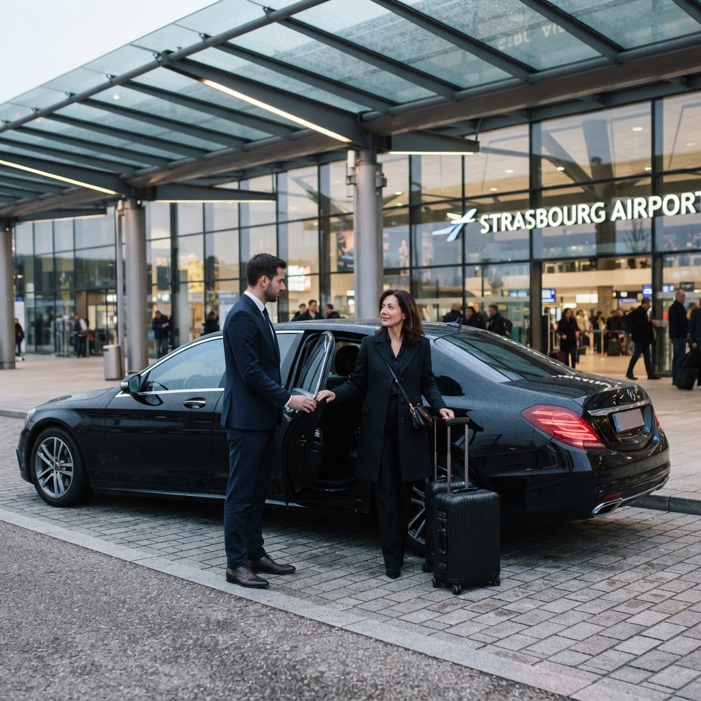 Transfert VTC aéroport avec chauffeur privé et berline noire Elar Drive devant le terminal