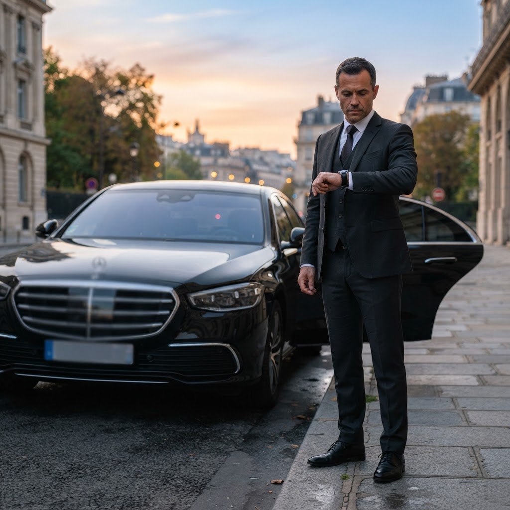 Chauffeur ponctuel vérifiant sa montre