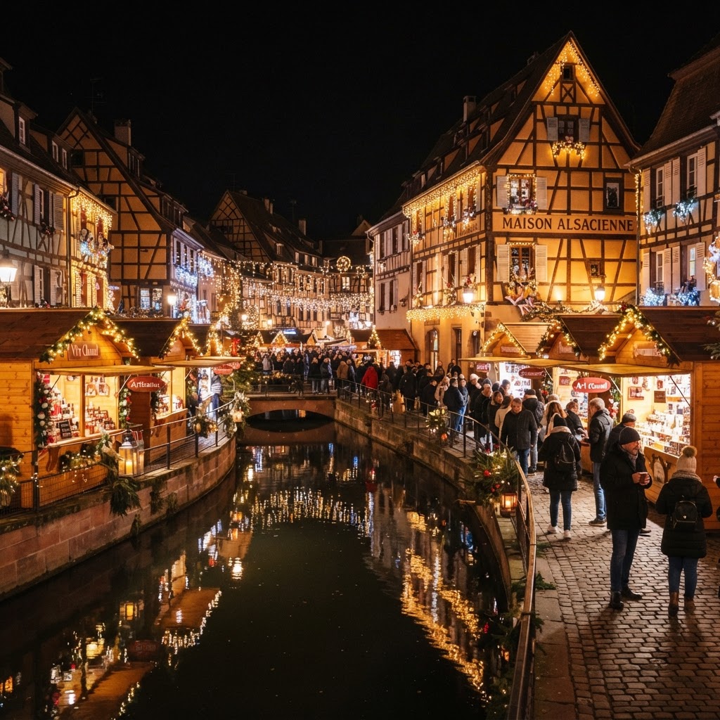 Marché de Noël de Colmar en VTC, Petite Venise illuminée, marché de Noël Alsace