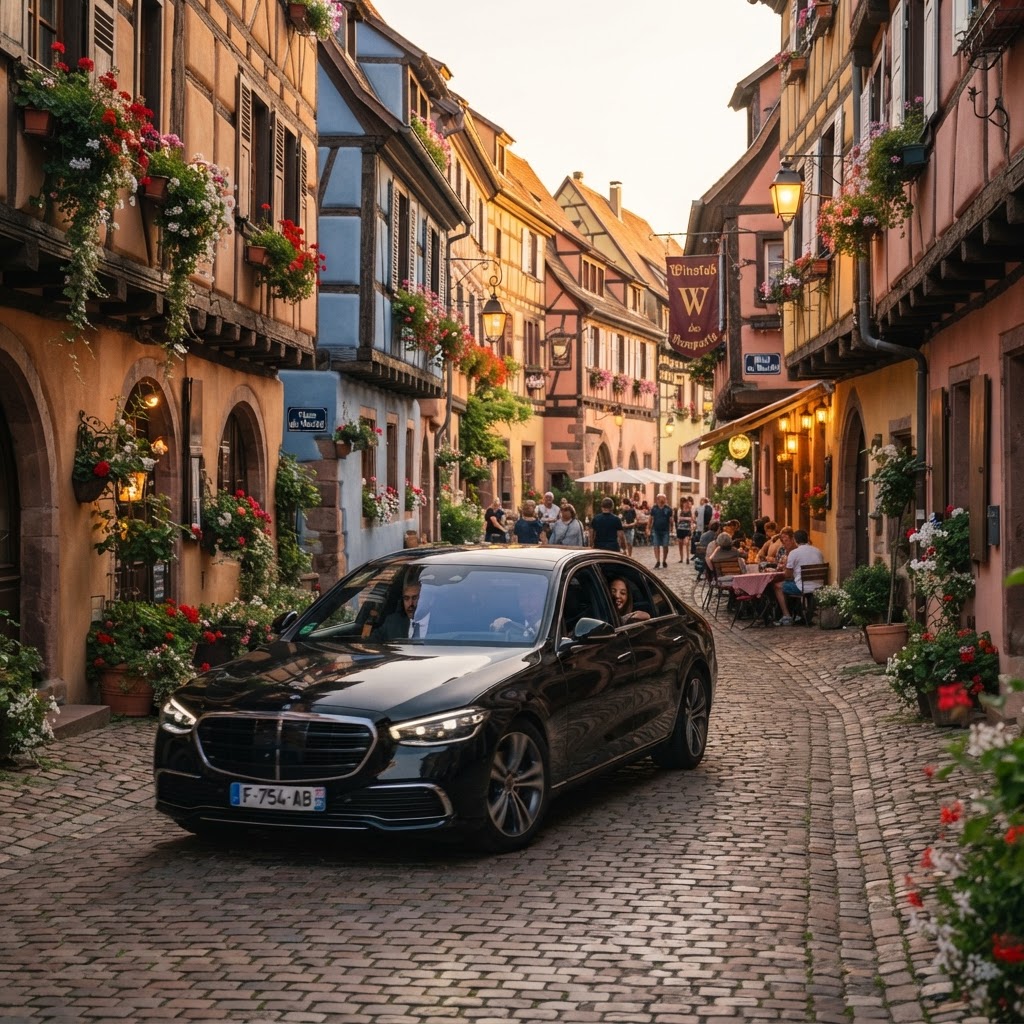 Visite des plus beaux villages d'Alsace en VTC, berline noire à Eguisheim