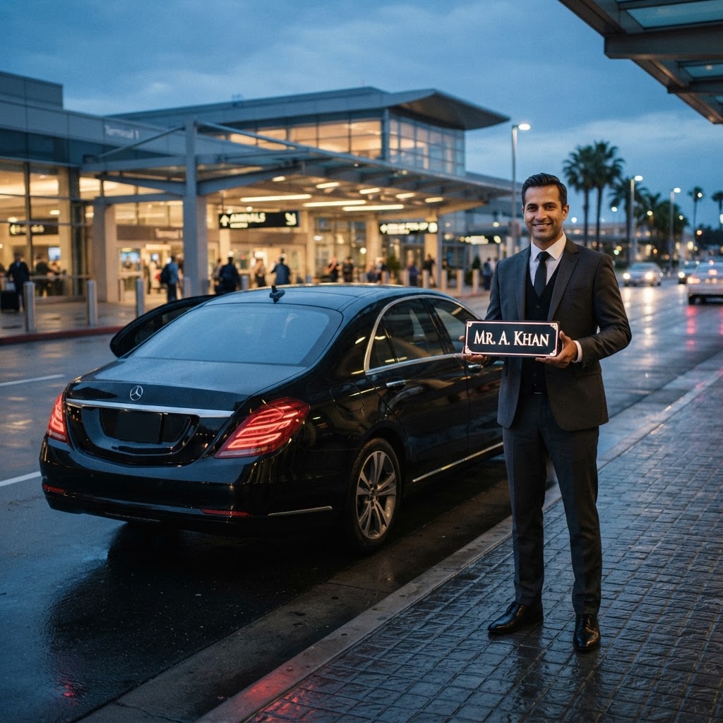 Chauffeur avec pancarte devant un aéroport, berline noire