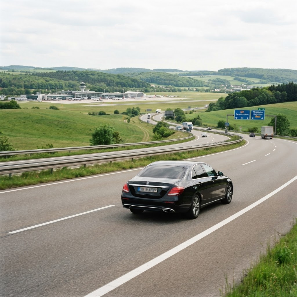Transfert VTC aéroport de Sarrebruck-Ensheim SCN, berline noire sur autoroute