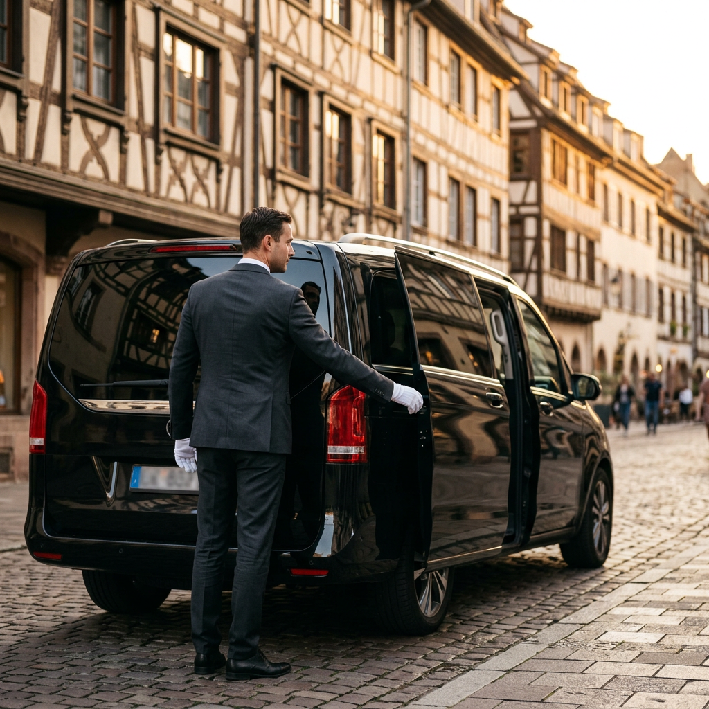 Chauffeur privé ouvrant la porte d'un van noir