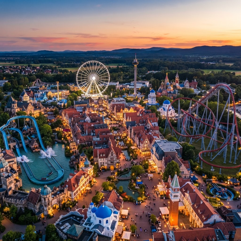 Vue aérienne d'Europa-Park à Rust au coucher du soleil