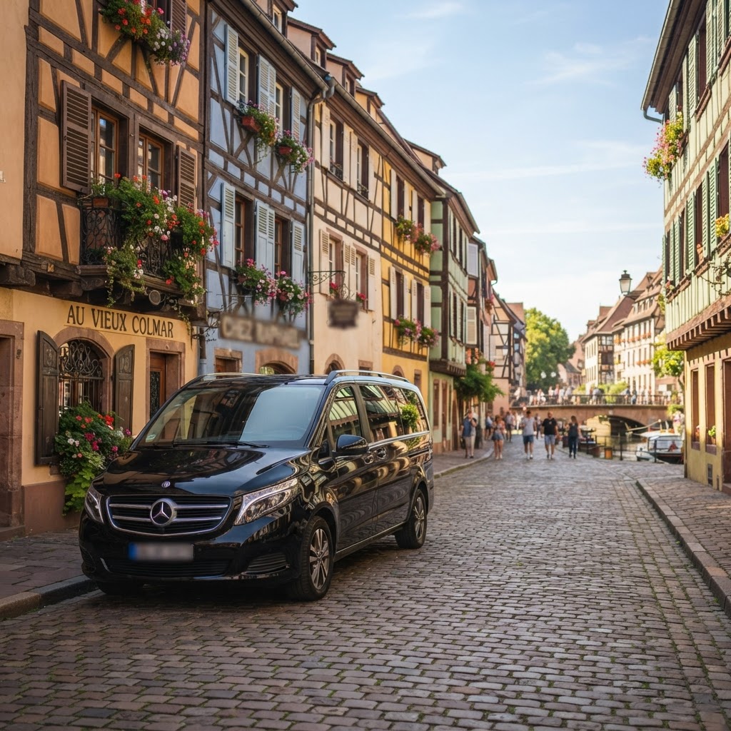 Van noir devant les maisons à colombages de Colmar