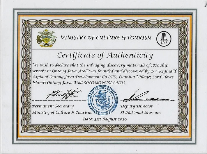 Certificate of Authenticity issued by the Ministry of Culture & Tourism, Solomon Islands