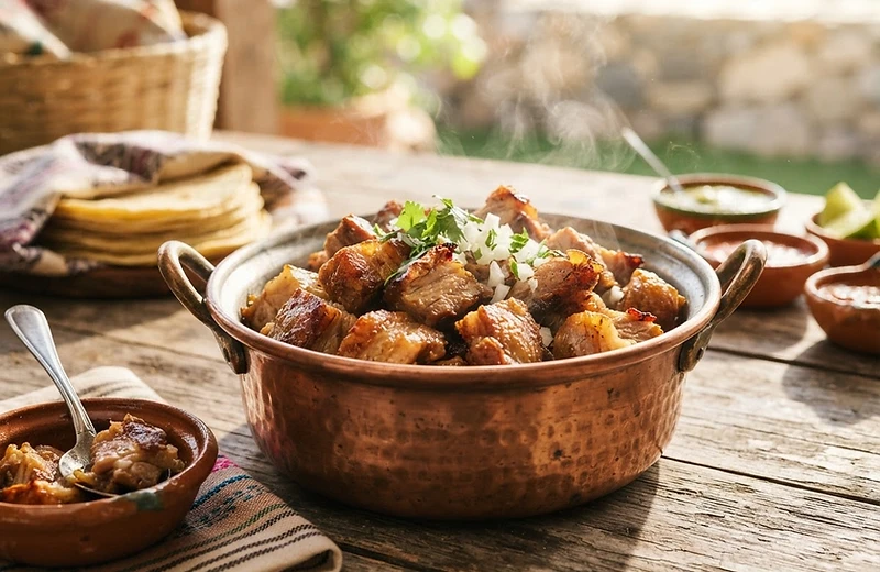 Traditional copper pot of golden crispy carnitas