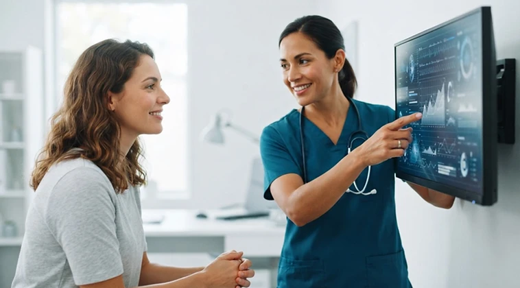 A focused medical staff member reviewing autonomic and vascular assessment data on a high-resolution monitor with a calm patient nearby