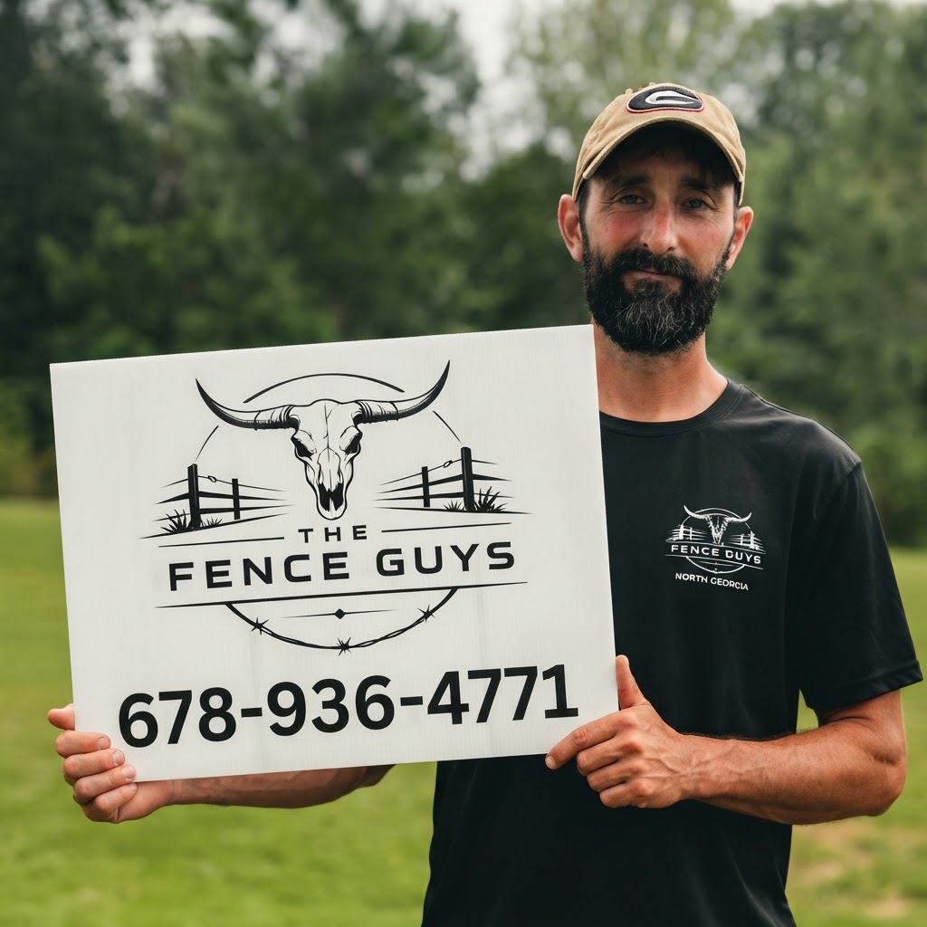Travis Rogers holding a Fence Guys yard sign in North Georgia