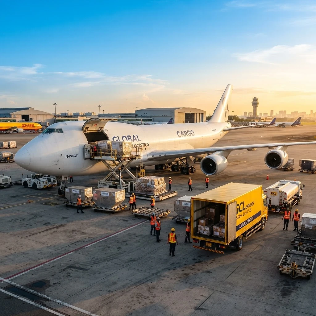 Cargo plane being loaded with delivery containers