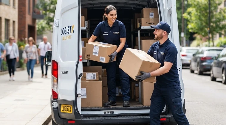 Delivery workers loading shipping boxes into a cargo van