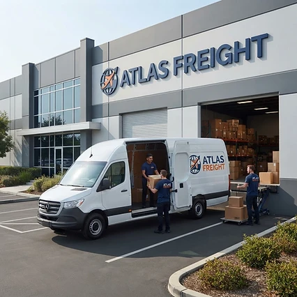Atlas Freight storefront with delivery van being loaded by staff