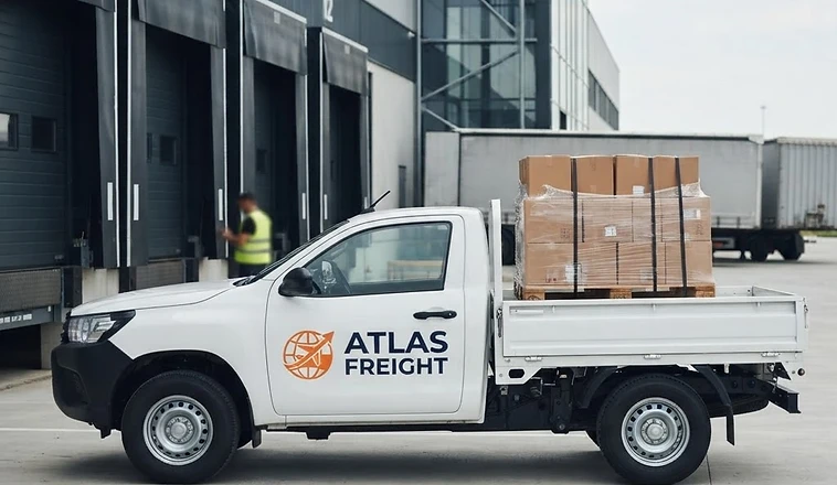 Atlas Freight pickup truck loaded with shipping boxes at a warehouse dock