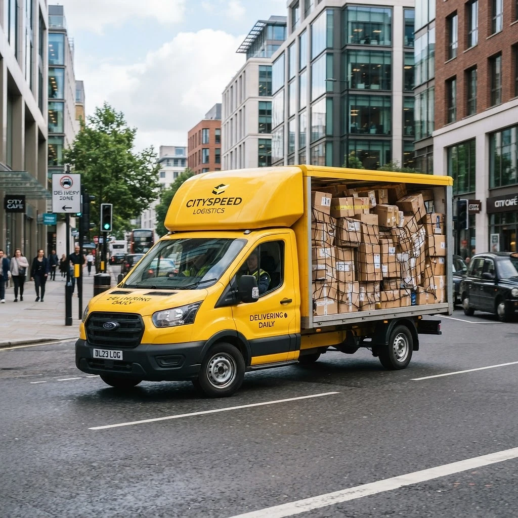 Delivery cargo truck loaded with shipping boxes