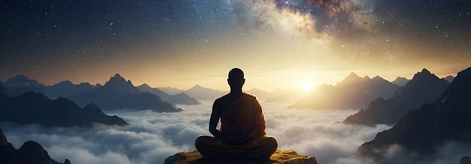 A figure in meditation beneath a glowing Flower of Life at dawn