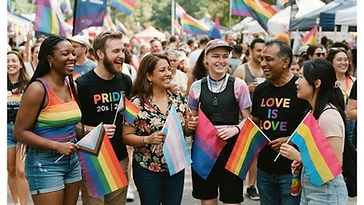 Pride Halton community members gathered together celebrating at an outdoor summer event in Halton Region