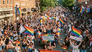 Marchers carrying Progress Pride flags down Main Street Milton at the Pride Halton parade