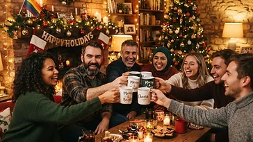 Festive holiday-themed Pride celebration with winter decorations and rainbow Pride imagery