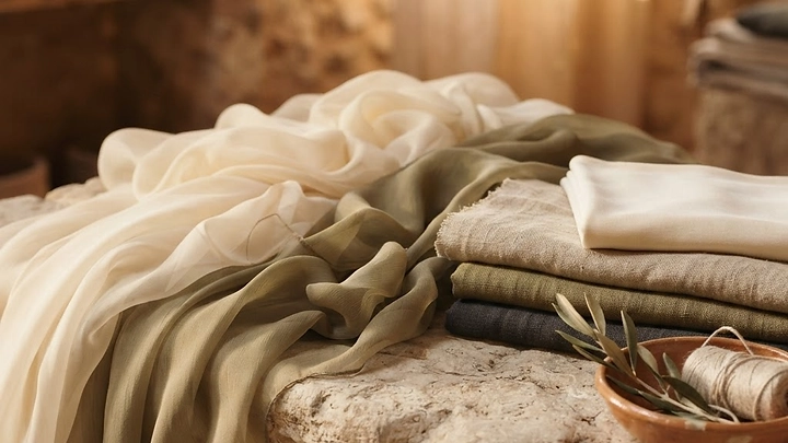 Chiffon, jersey and linen draped over stone in warm souk light