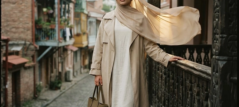 A woman in chiffon where Dubai's warm light meets Tbilisi's carved balconies