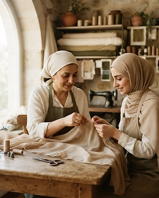 Women hand-finishing hijab edges in a sunlit studio