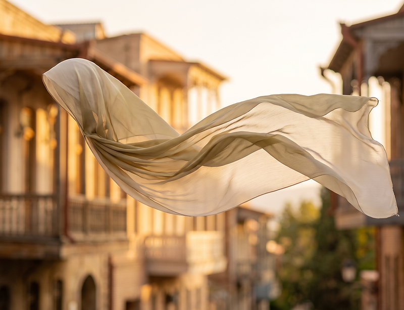 Floating champagne chiffon caught in the breeze, backlit by warm Dubai light over blurred Tbilisi balconies