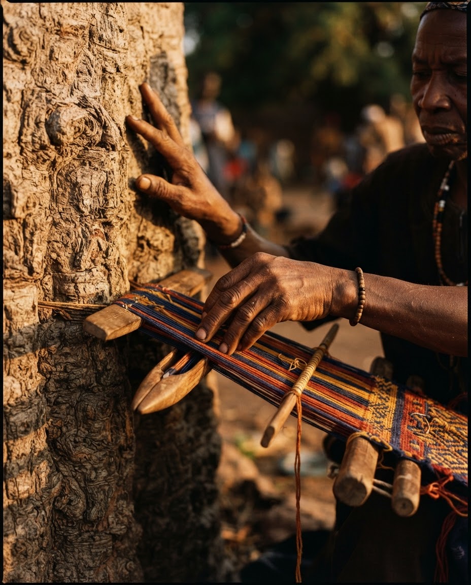 Close-up of hands weaving traditional textiles in Burkina Faso