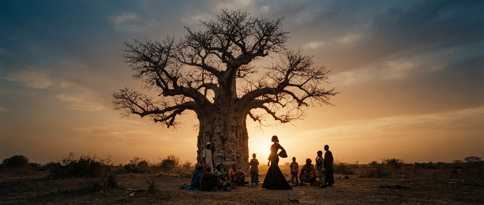 A baobab tree and Lady O among villagers at golden hour in Burkina Faso