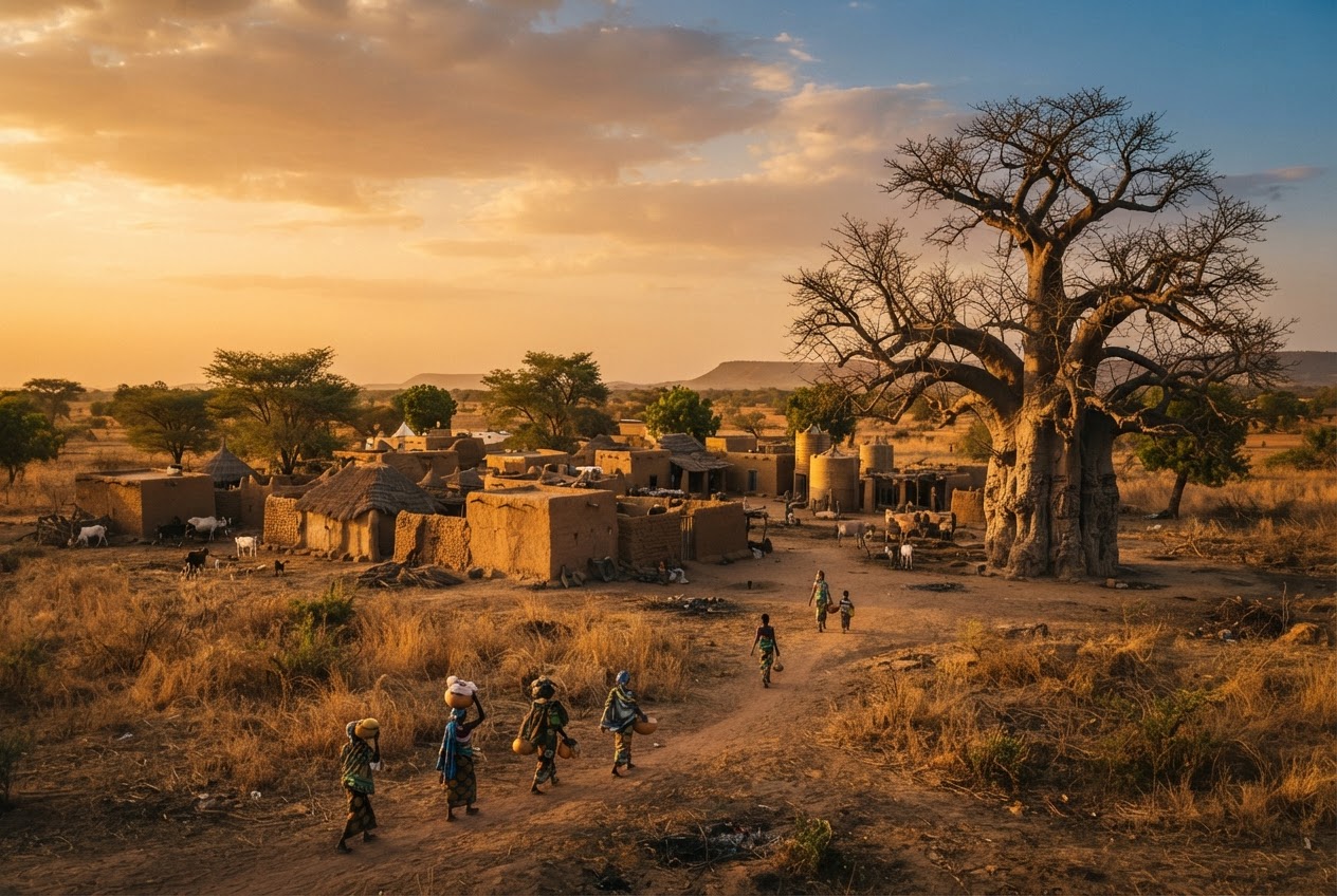 A Burkina Faso village bathed in golden-hour light