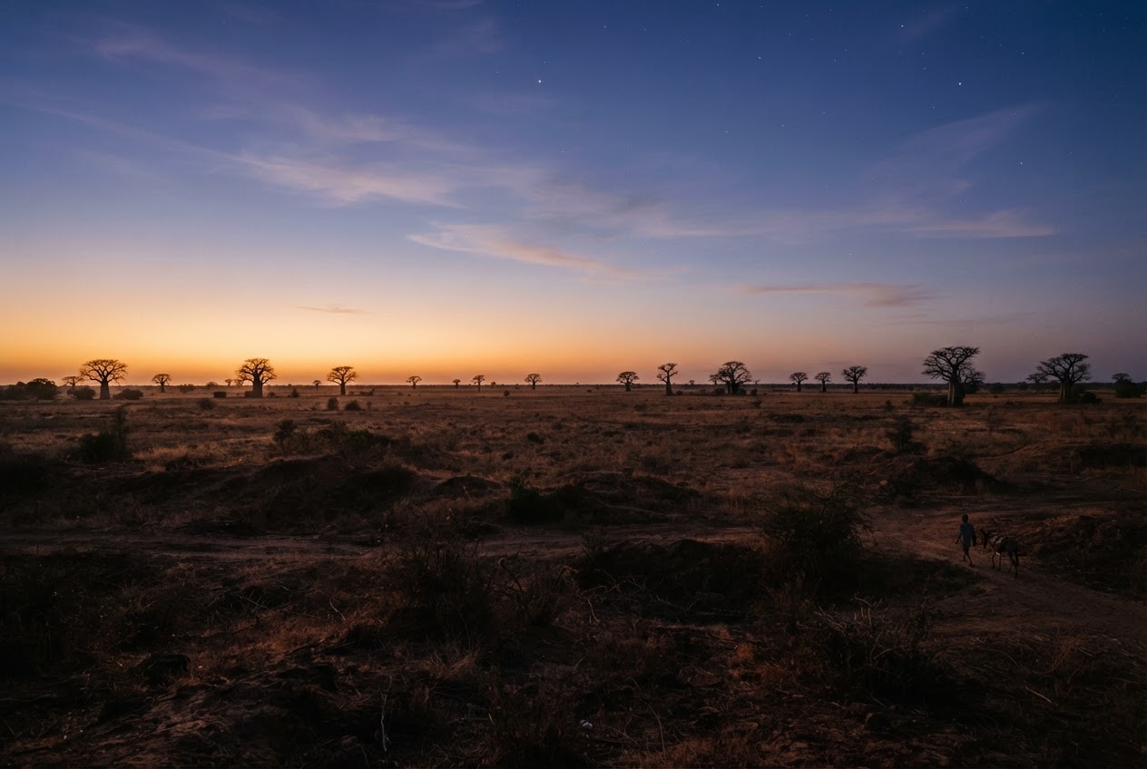 Golden-hour landscape across the Sahel of West Africa