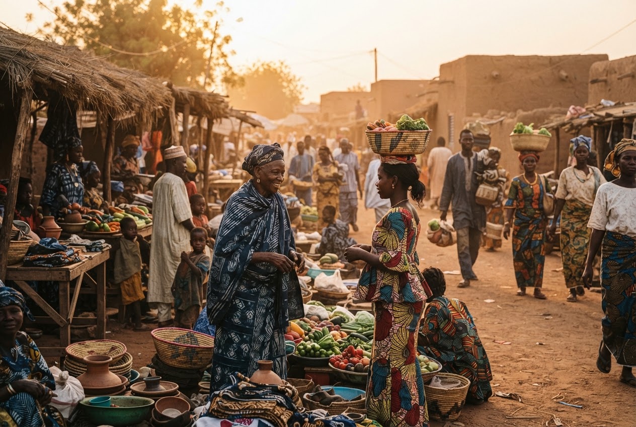 Village market in Burkina Faso at golden hour