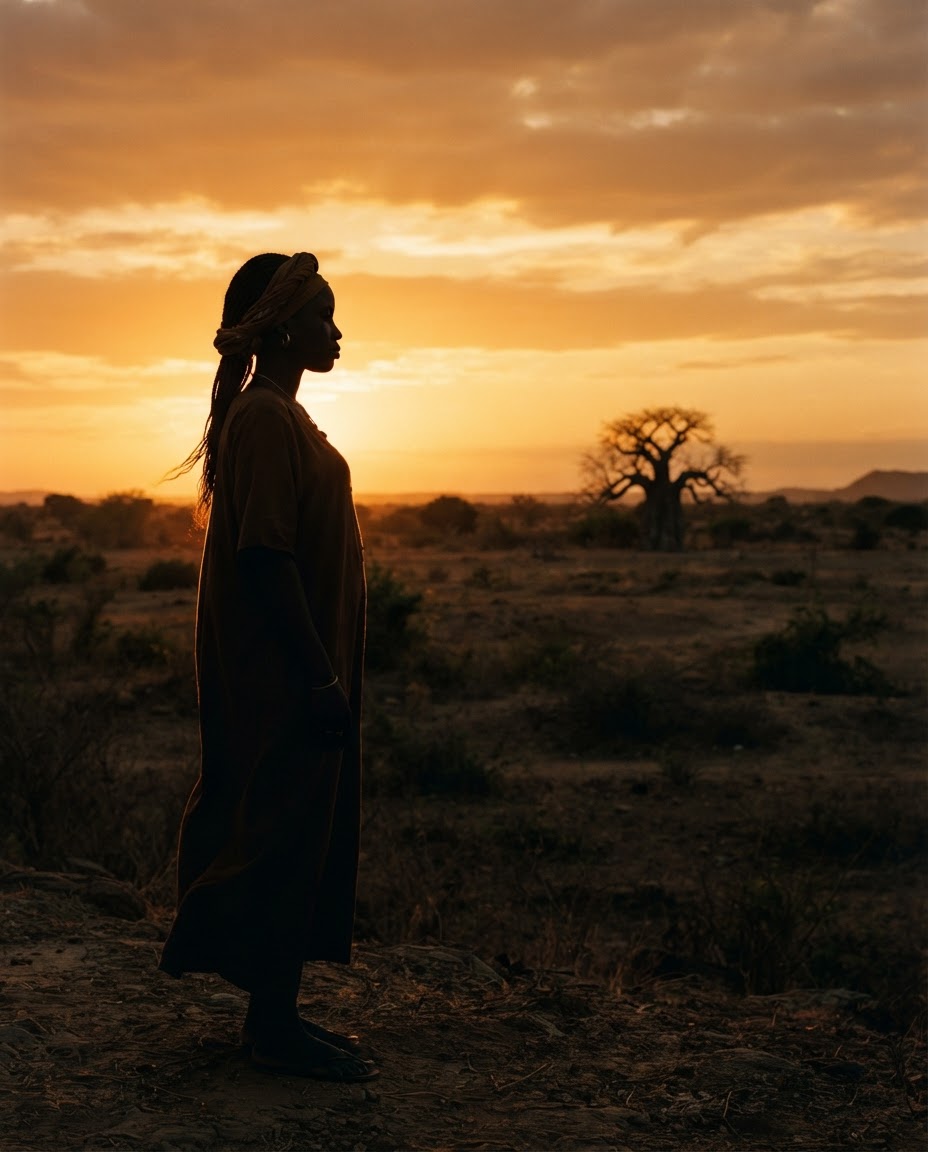 Silhouette of a woman in profile against the sun in Burkina Faso