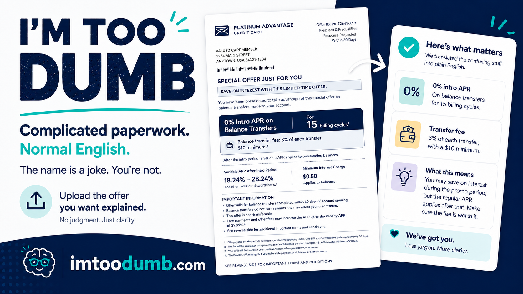 An offer letter with a big 0% intro APR becomes a plain-English breakdown: the intro rate, the transfer fee, and what it really means.