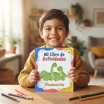 Niño con su libro de actividades personalizado de Meu Rabisco