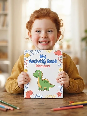 Child holding a personalized activity book in Mendota, CA