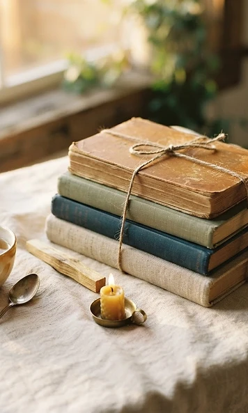 Een rustige stapel boeken in warm licht