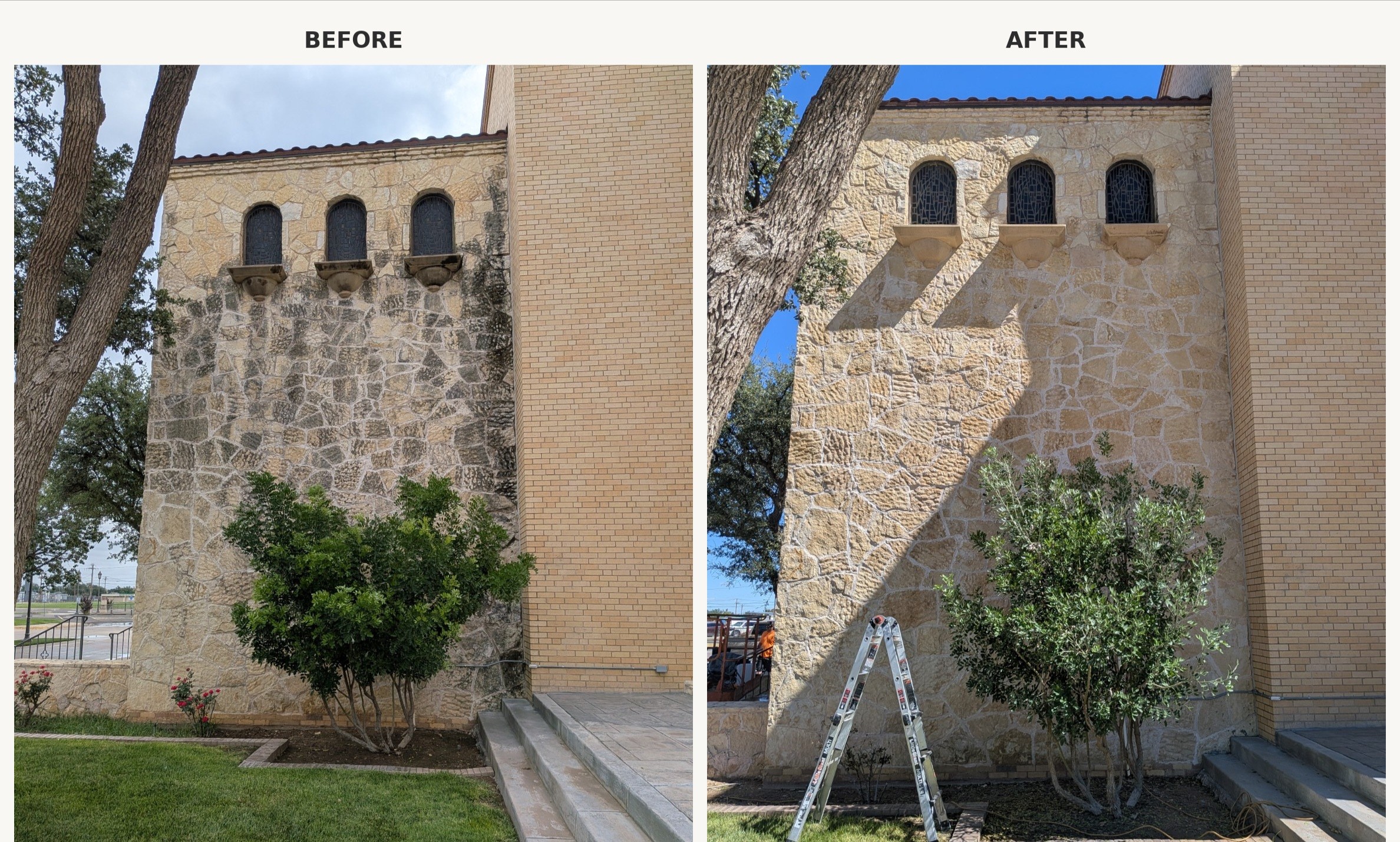 Before and after soft washing limestone building in Midland Odessa Texas