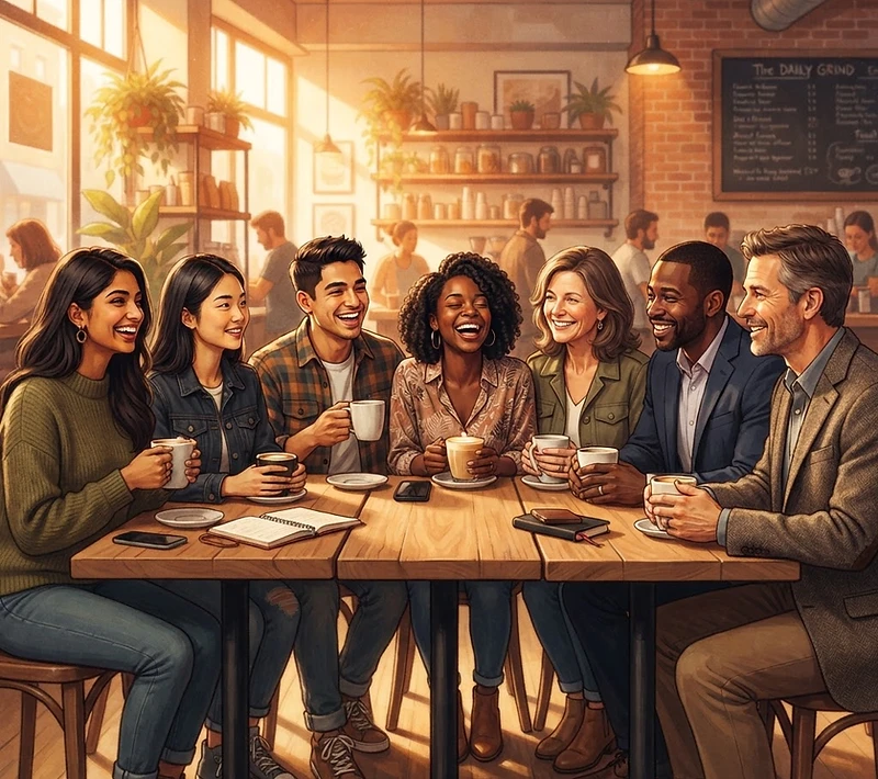 Several Friend personas gathered together in a warm campus coffee shop