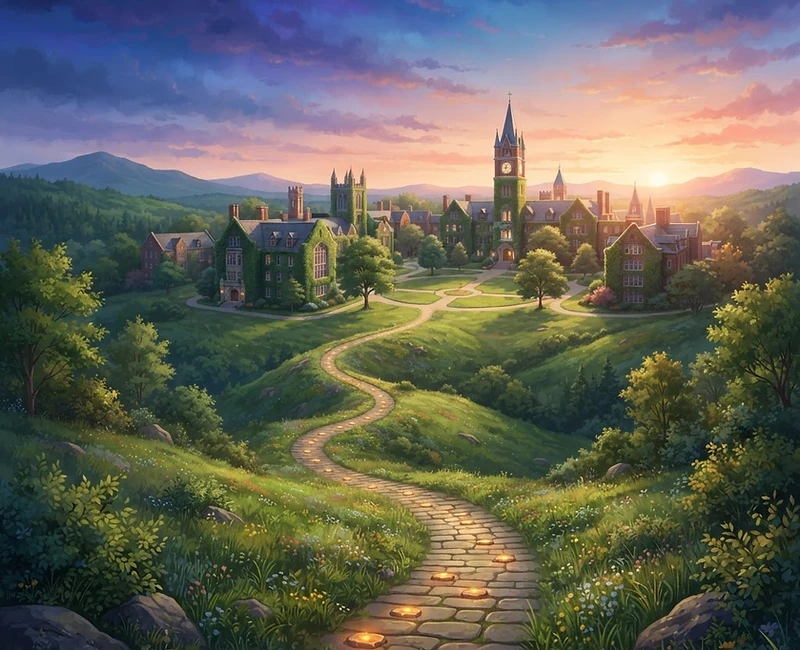A winding path leading to a sunlit college campus