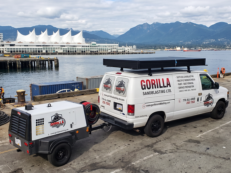 Gorilla Sandblasting Ltd. mobile van and compressor trailer at Vancouver harbour