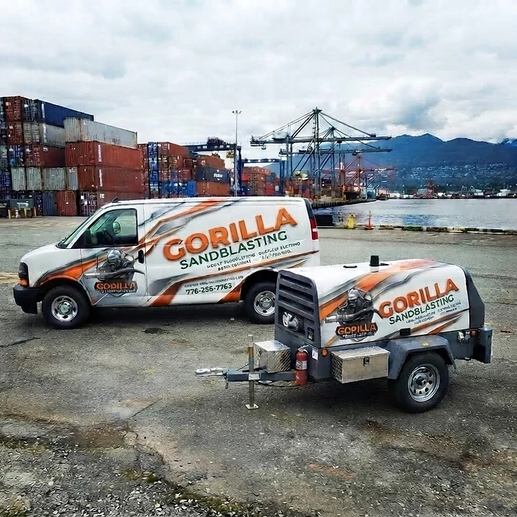 Gorilla Sandblasting mobile van with compressor at Vancouver docks