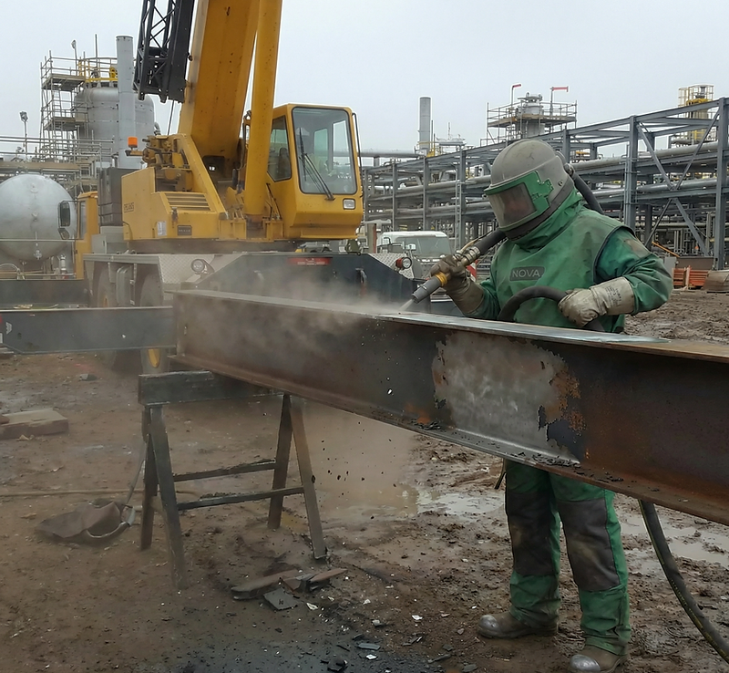 Industrial sandblasting on a rusted steel beam